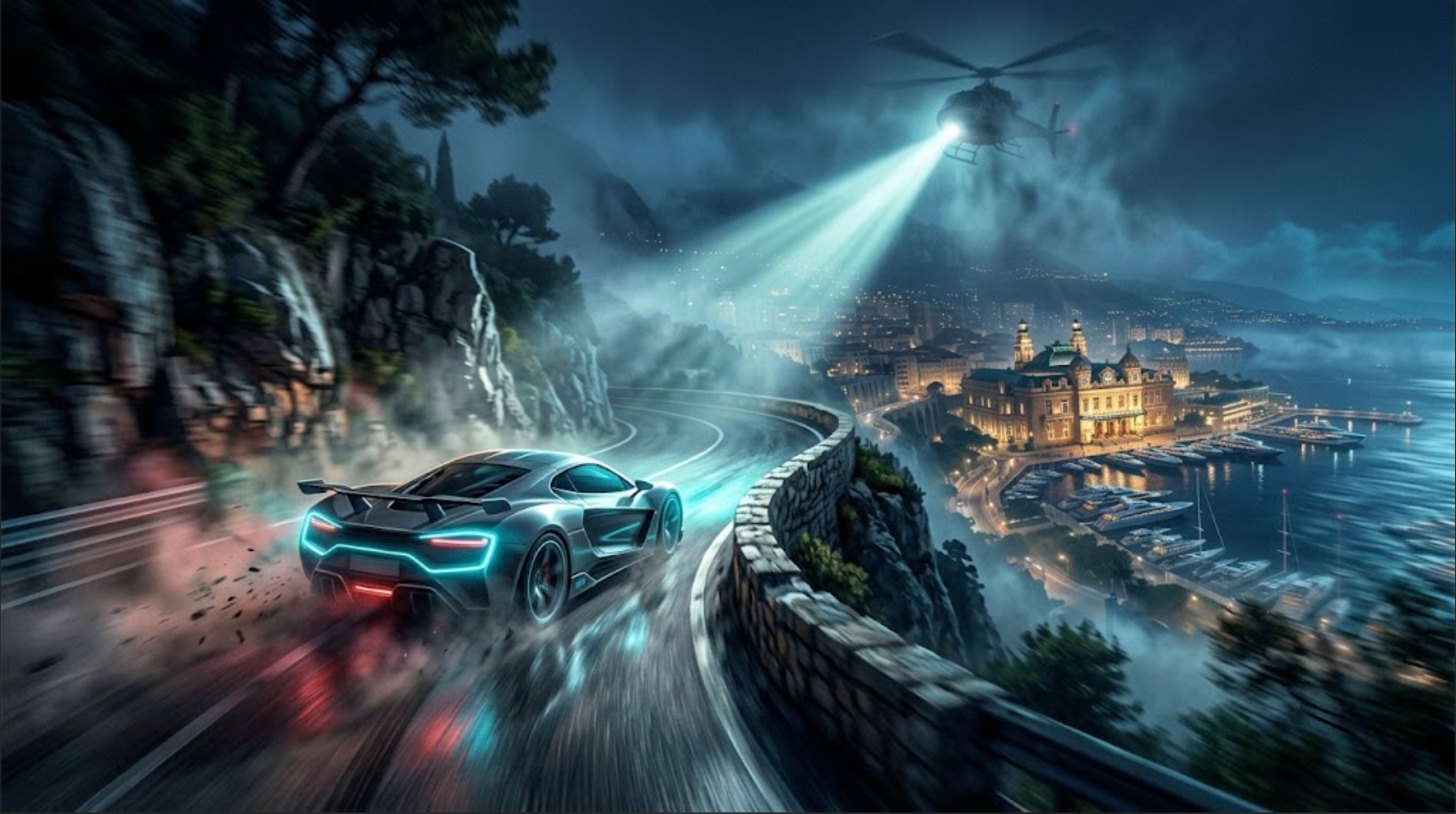 Concept art: a sports car on a cliffside coastal road chased by a helicopter searchlight, from Primus AI Gaming's spy sandbox game