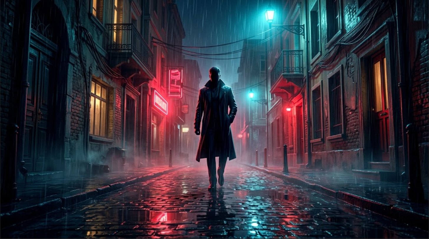 Concept art: a rival agent in a red-lit room