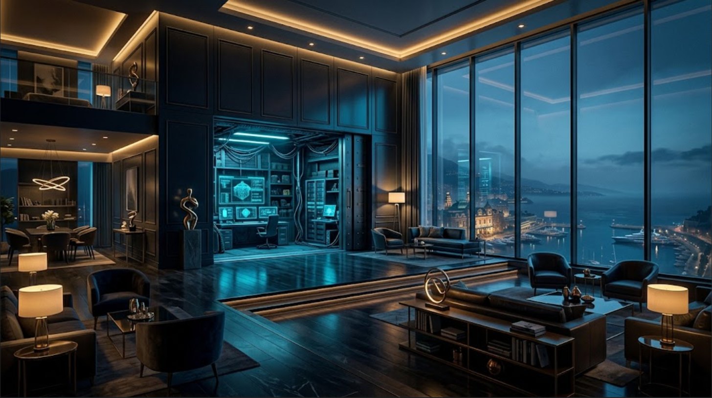 Concept art: a penthouse suite with a hidden control room overlooking a harbor